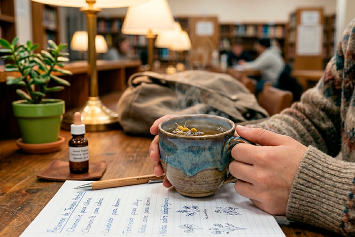 Estudiante con taza de te en la mano