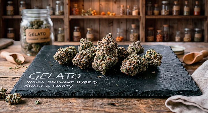 Flores CBD variedad Gelato sobre pizarra negra